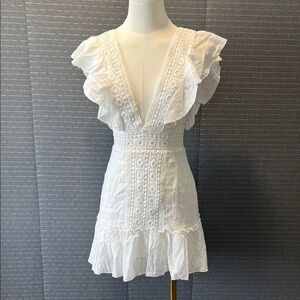 White Ruffle Sleeve Deep-V Mini Dress